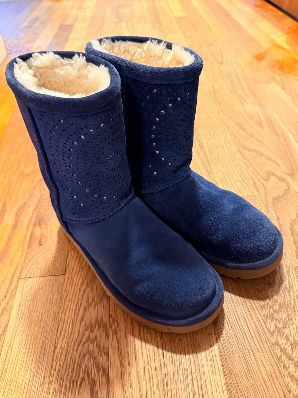UGG Sunshine Perf Navy Suede Mid-Calf Boots with Cream Shearling Lining